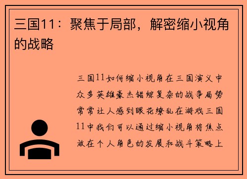 三国11：聚焦于局部，解密缩小视角的战略