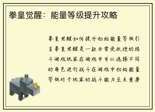 拳皇觉醒：能量等级提升攻略