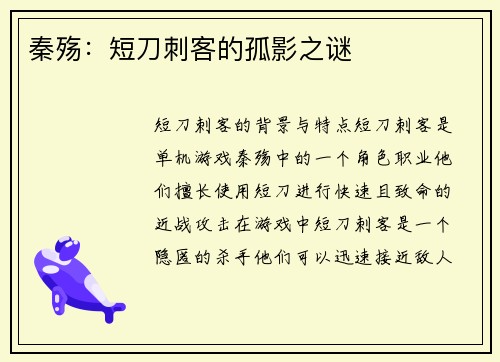 秦殇：短刀刺客的孤影之谜
